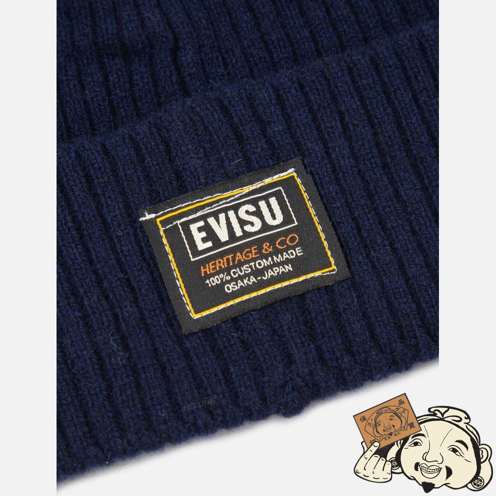Men Evisu LOGO EMBROIDERY LAMBSWOOL BEANIE Bleu Marine | 385BOJKXW