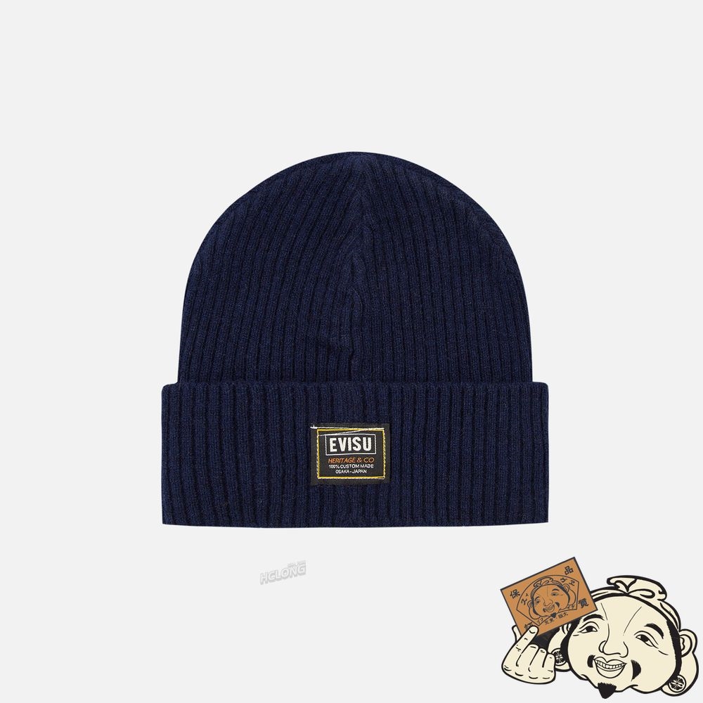 Men Evisu LOGO EMBROIDERY LAMBSWOOL BEANIE Bleu Marine | 385BOJKXW