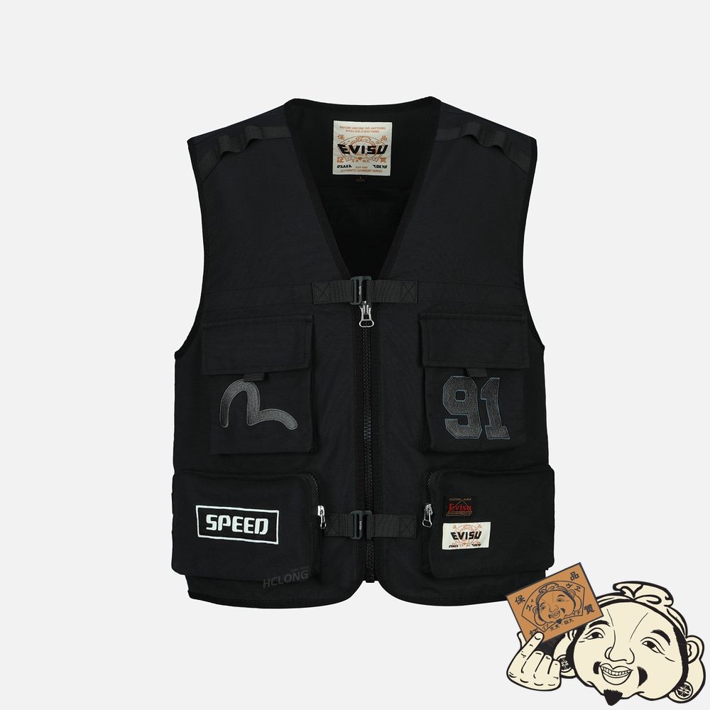 Men Evisu LOGO EMBROIDERY MULTI-POCKET VEST Noir | 120QERIDZ