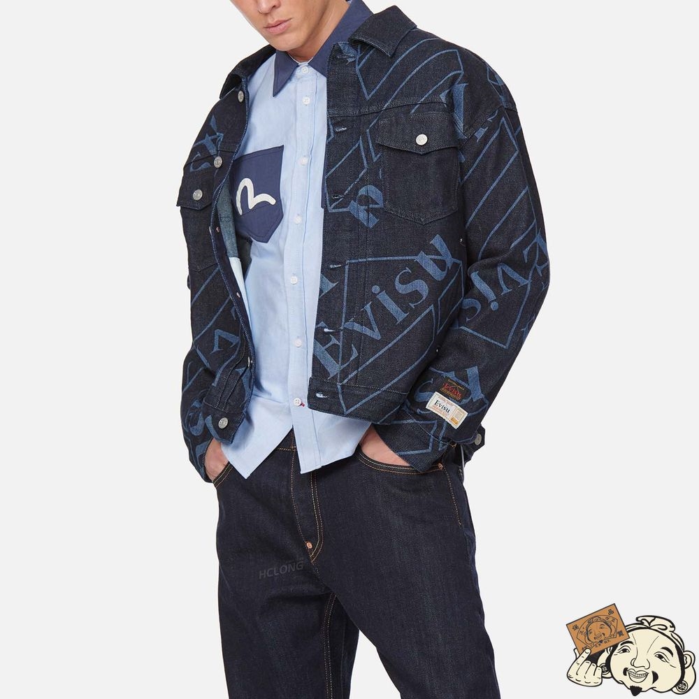 Men Evisu LOGO MONOGRAM DISCHARGED PRINT DENIM JACKET Indigo | 879TDZEWG