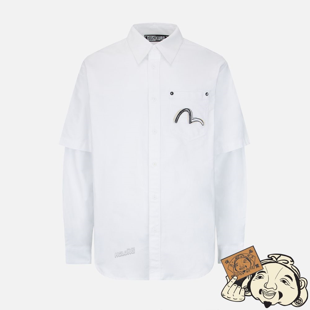 Men Evisu LOGO PRINT 2-IN-1 OXFORD SHIRT Blanche | 257JUTVNI