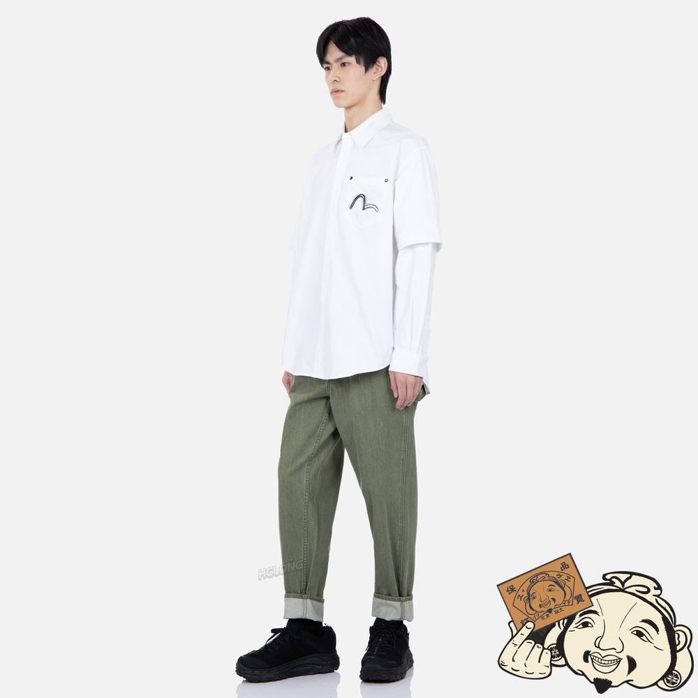 Men Evisu LOGO PRINT 2-IN-1 OXFORD SHIRT Blanche | 257JUTVNI