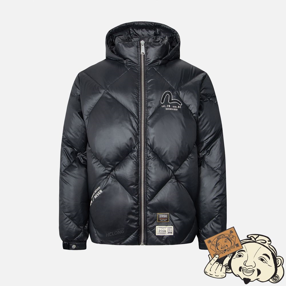Men Evisu LOGO PRINT DIAMOND-STITCHED DOWN JACKET Noir | 428GQUAFH