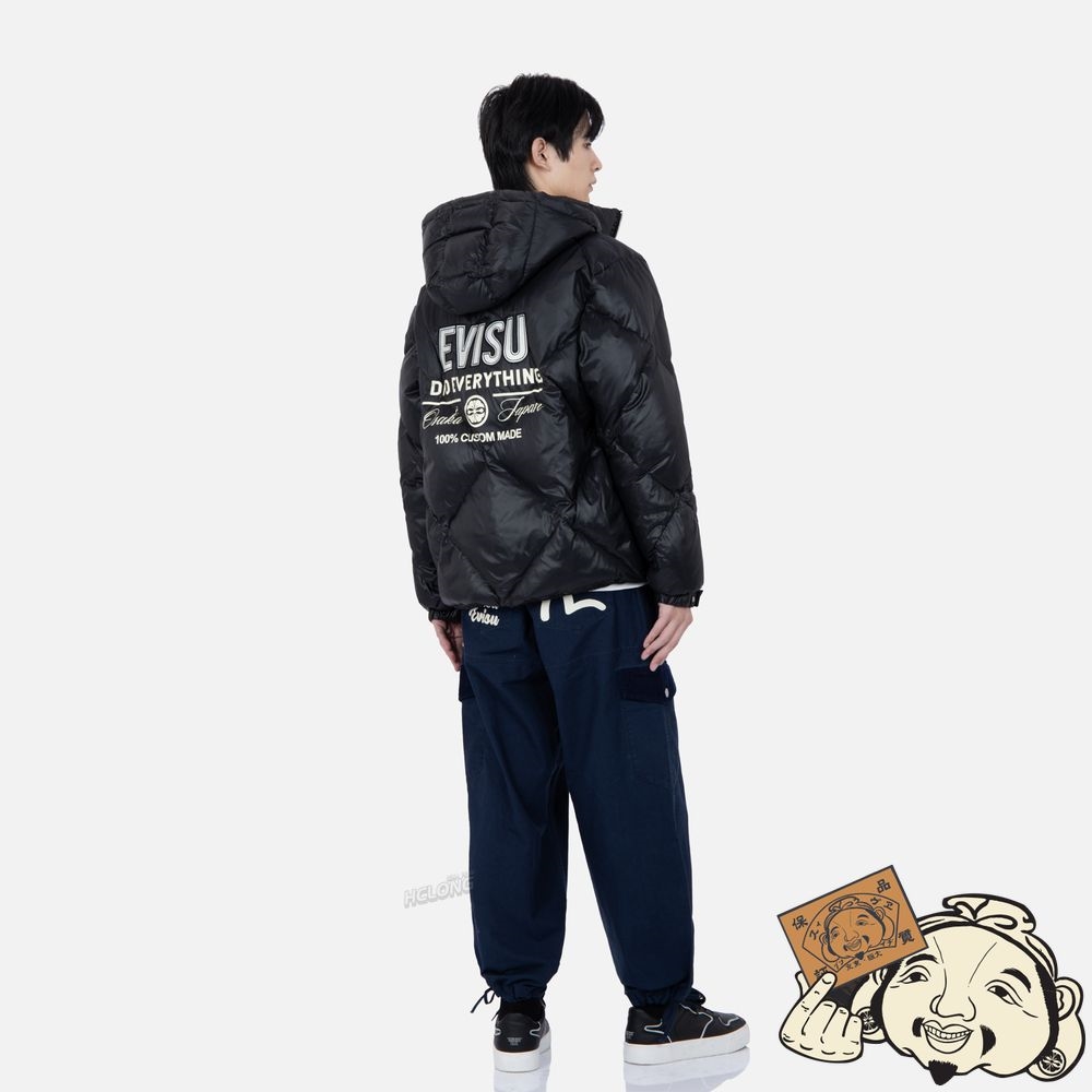 Men Evisu LOGO PRINT DIAMOND-STITCHED DOWN JACKET Noir | 428GQUAFH