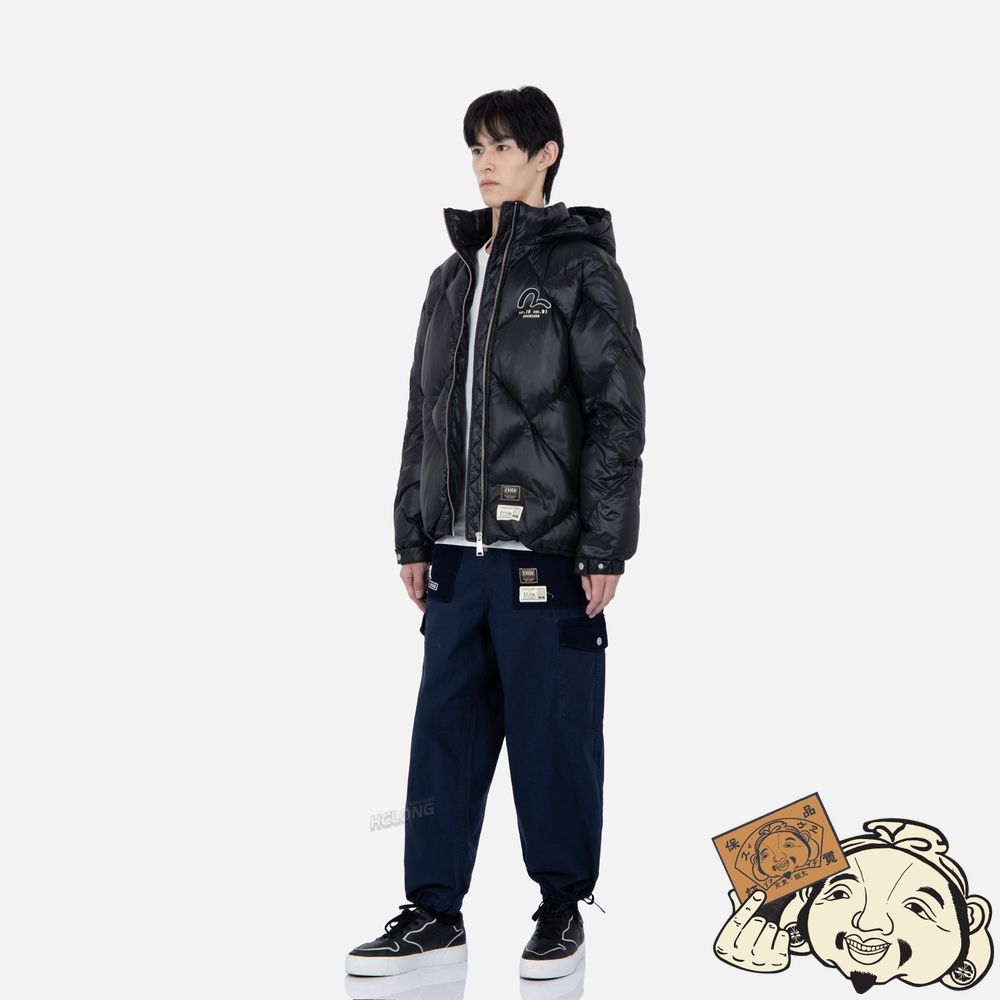 Men Evisu LOGO PRINT DIAMOND-STITCHED DOWN JACKET Noir | 428GQUAFH