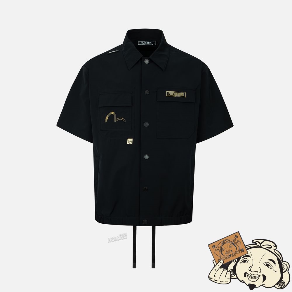 Men Evisu LOGO PRINT DRAWSTRING SHORT-SLEEVE SHIRT Noir | 497CGRPYQ