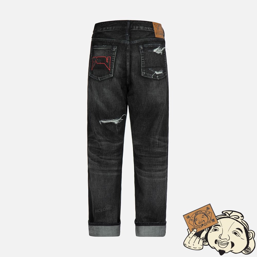 Men Evisu LOGO PRINT LOOSE-FIT DISTRESSED DENIM JEANS Noir | 264GZHJTQ