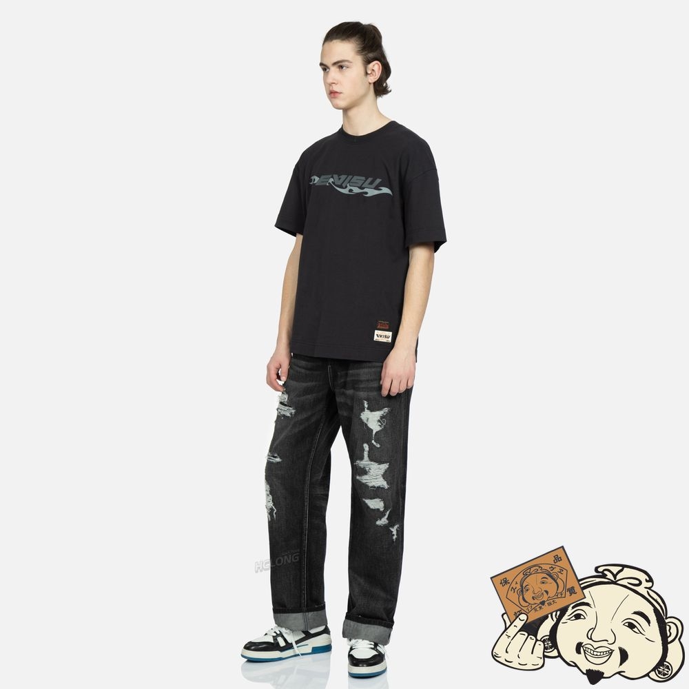 Men Evisu LOGO PRINT LOOSE-FIT DISTRESSED DENIM JEANS Noir | 264GZHJTQ