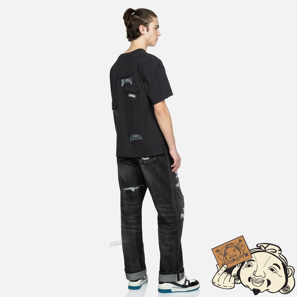 Men Evisu LOGO PRINT LOOSE-FIT DISTRESSED DENIM JEANS Noir | 264GZHJTQ