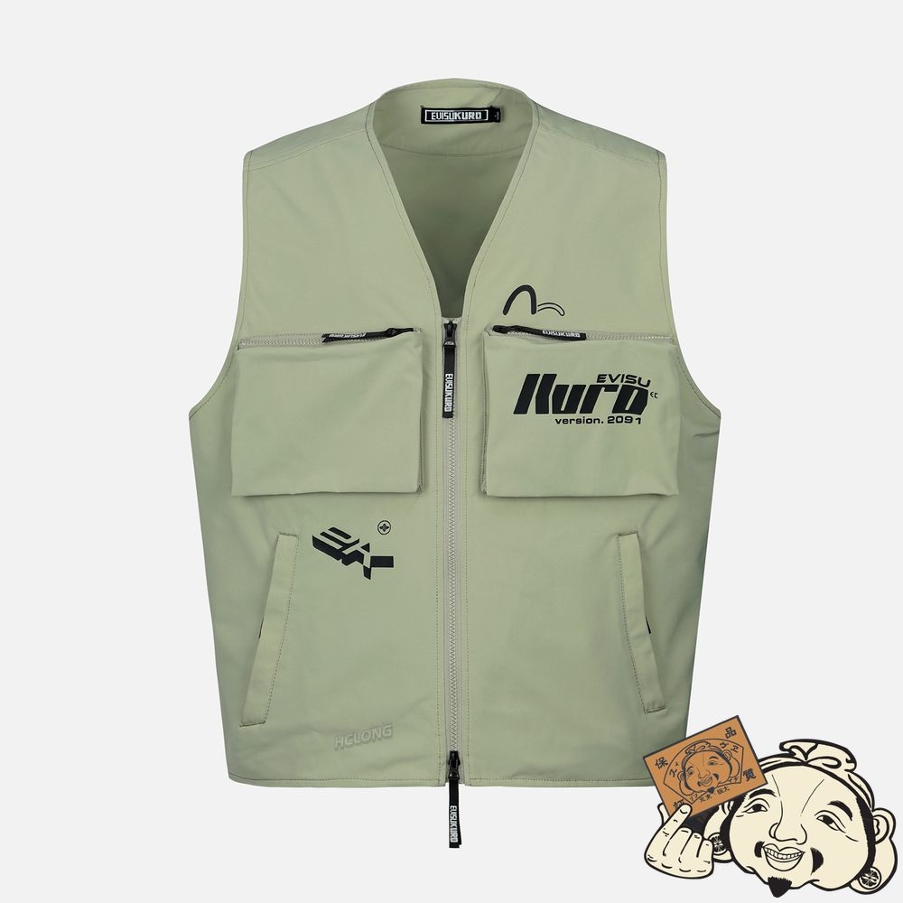 Men Evisu LOGO PRINT UTILITY VEST Vert Clair | 965ENKADT
