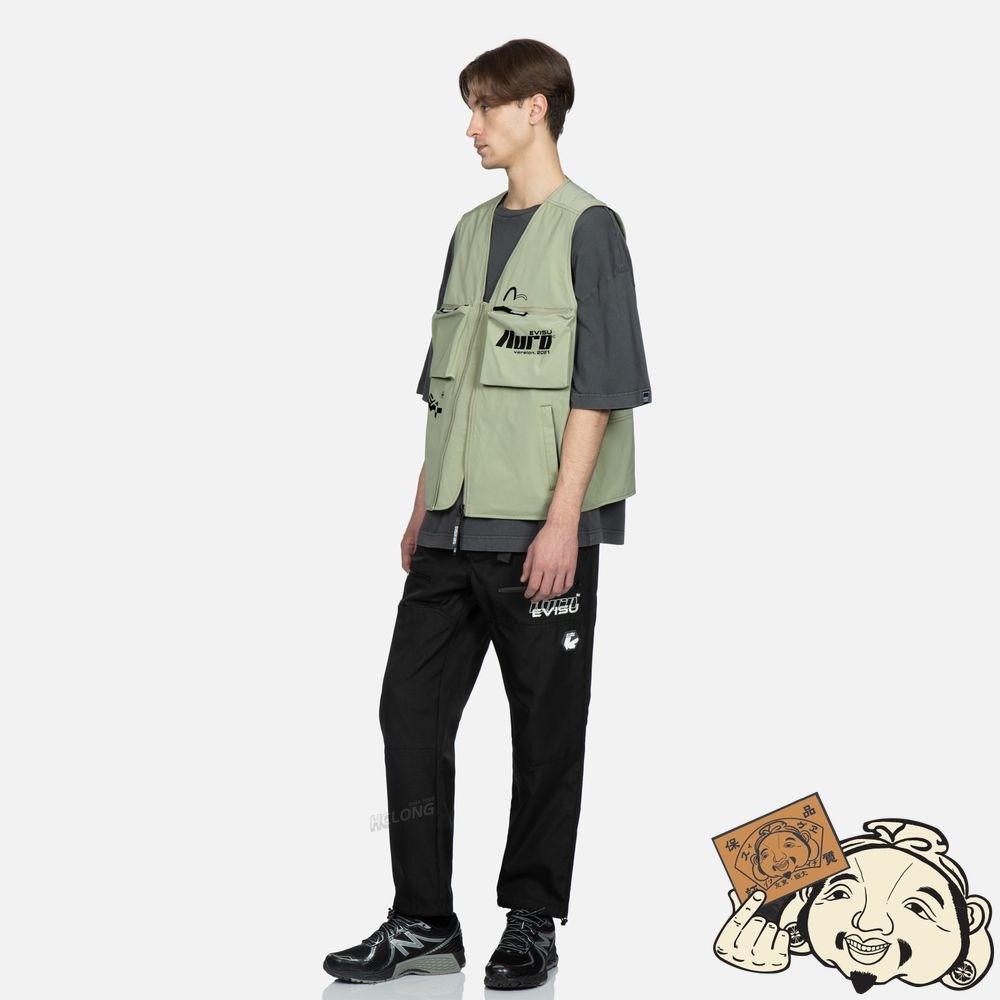 Men Evisu LOGO PRINT UTILITY VEST Vert Clair | 965ENKADT