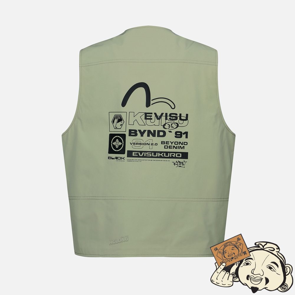 Men Evisu LOGO PRINT UTILITY VEST Vert Clair | 965ENKADT