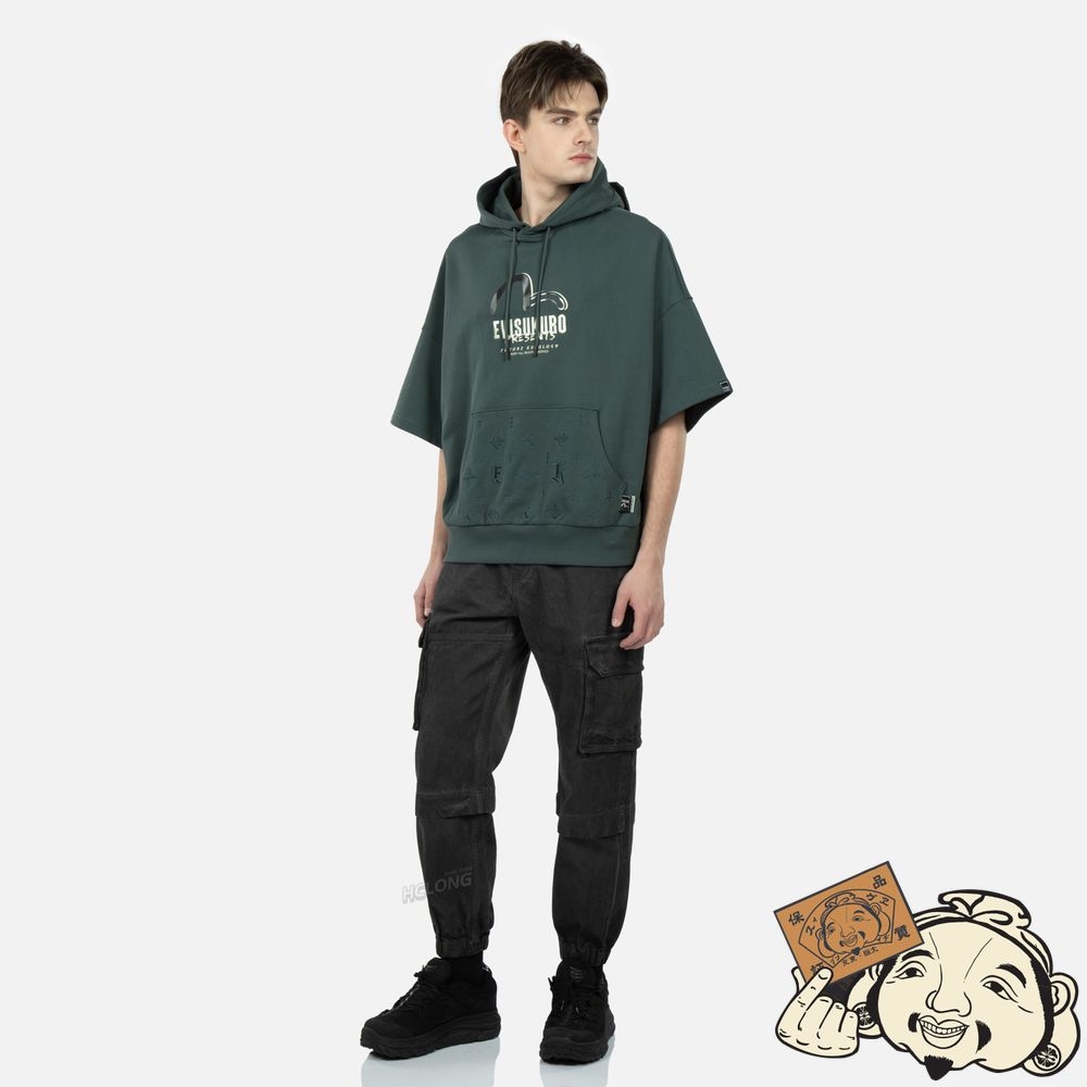 Men Evisu MONOGRAM EMBROIDERY SHORT-SLEEVED HOODIE CHARCOAL | 085PVZAEG