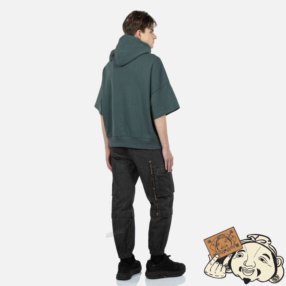 Men Evisu MONOGRAM EMBROIDERY SHORT-SLEEVED HOODIE CHARCOAL | 085PVZAEG