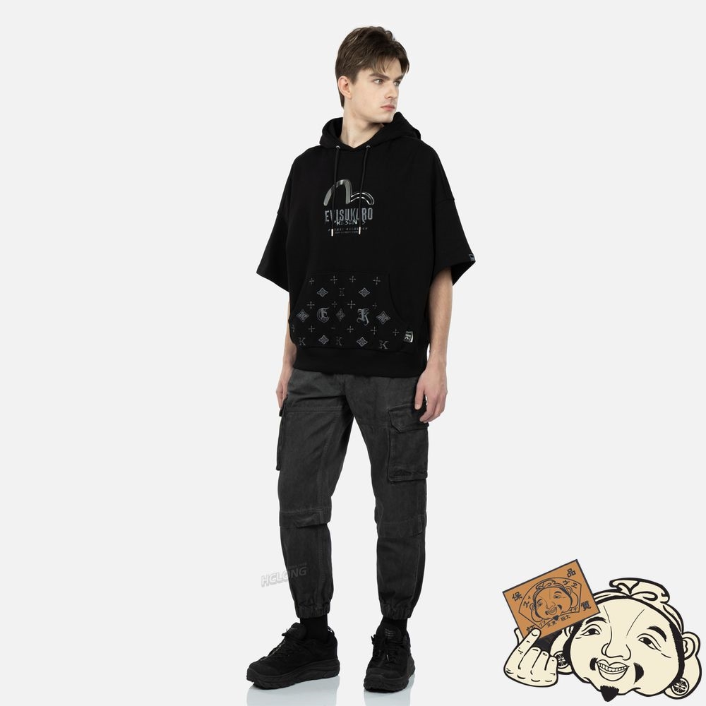Men Evisu MONOGRAM EMBROIDERY SHORT-SLEEVED HOODIE Noir | 089IQHWXD