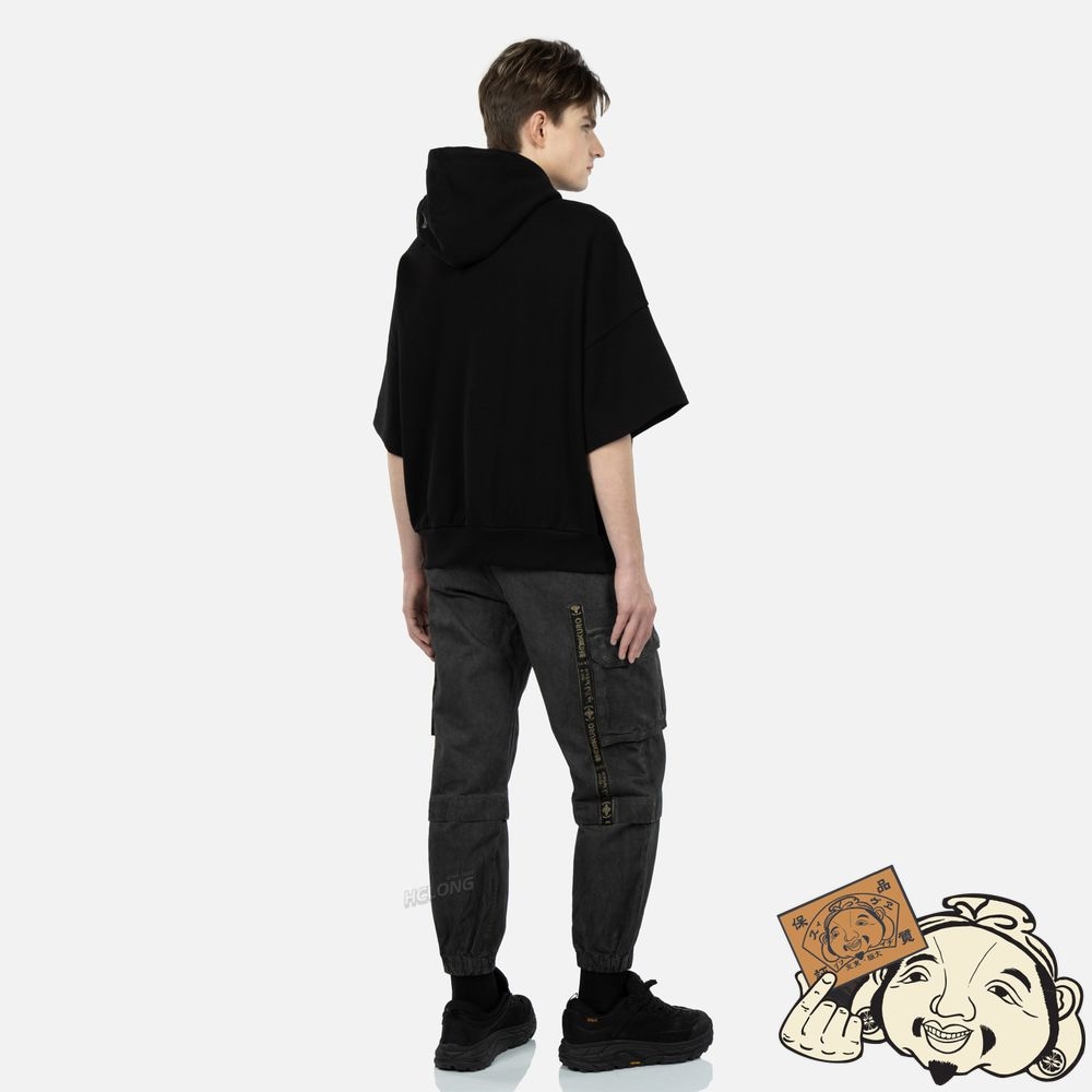 Men Evisu MONOGRAM EMBROIDERY SHORT-SLEEVED HOODIE Noir | 089IQHWXD