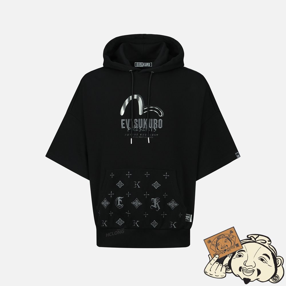 Men Evisu MONOGRAM EMBROIDERY SHORT-SLEEVED HOODIE Noir | 089IQHWXD