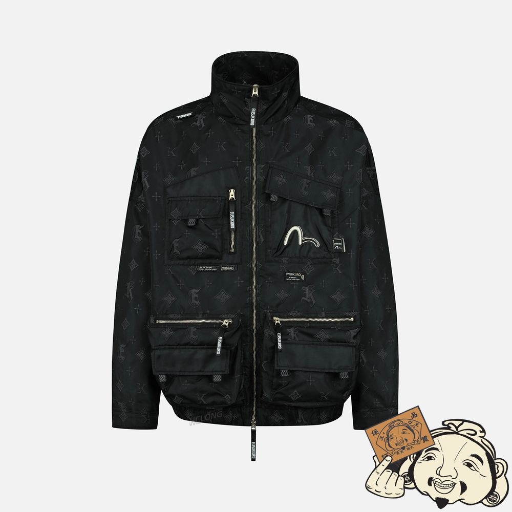 Men Evisu MONOGRAM KAMON AND LOGO JACQUARD BOMBER JACKET Noir | 501TQHEYJ
