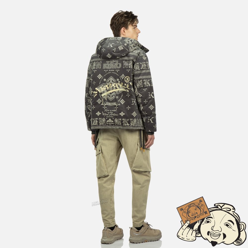 Men Evisu MONOGRAM PAISLEY AND LOGO PRINT DOWN JACKET CHARCOAL | 215VQINSD
