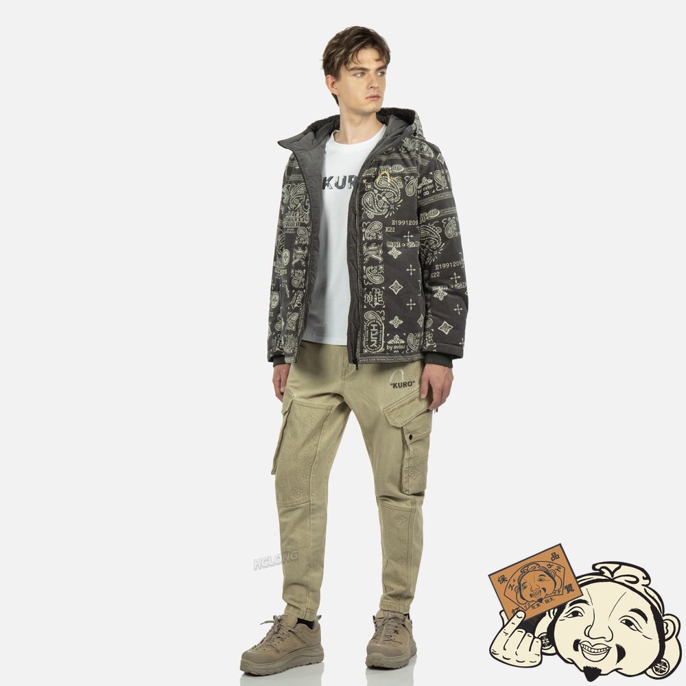 Men Evisu MONOGRAM PAISLEY AND LOGO PRINT DOWN JACKET CHARCOAL | 215VQINSD
