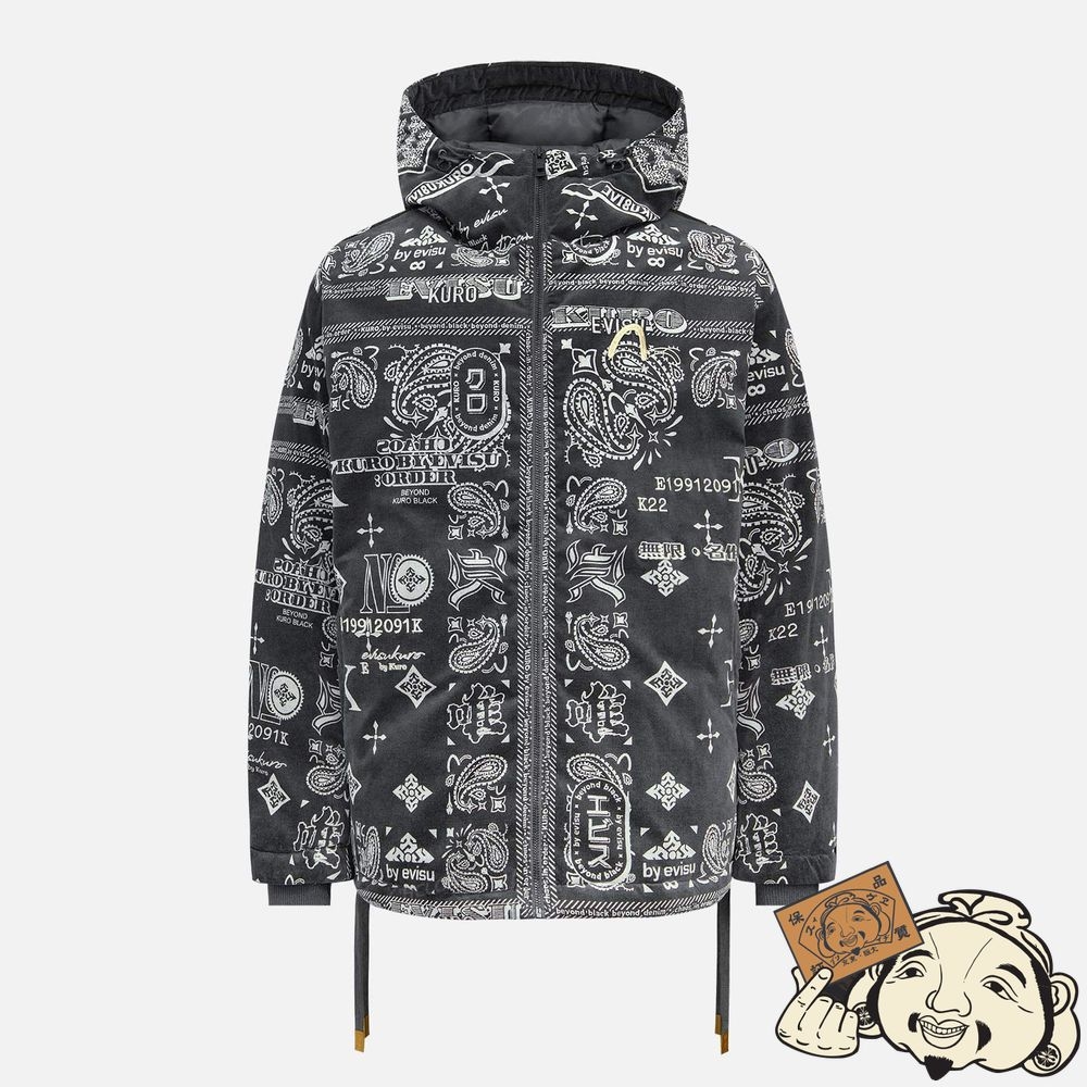 Men Evisu MONOGRAM PAISLEY AND LOGO PRINT DOWN JACKET CHARCOAL | 215VQINSD