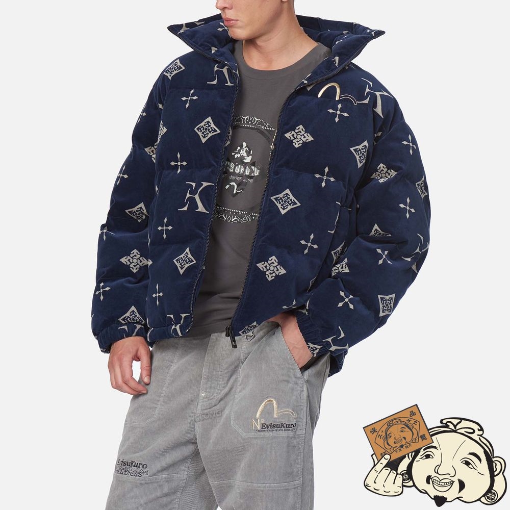 Men Evisu MONOGRAM PRINT VELVET PADDED JACKET Bleu Marine | 380FVWRYD