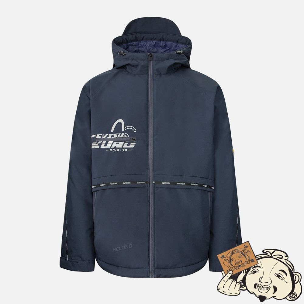 Men Evisu MOVING SEAGULL PVC PATCH HOODED DOWN JACKET Bleu Marine | 860ZCDFXL