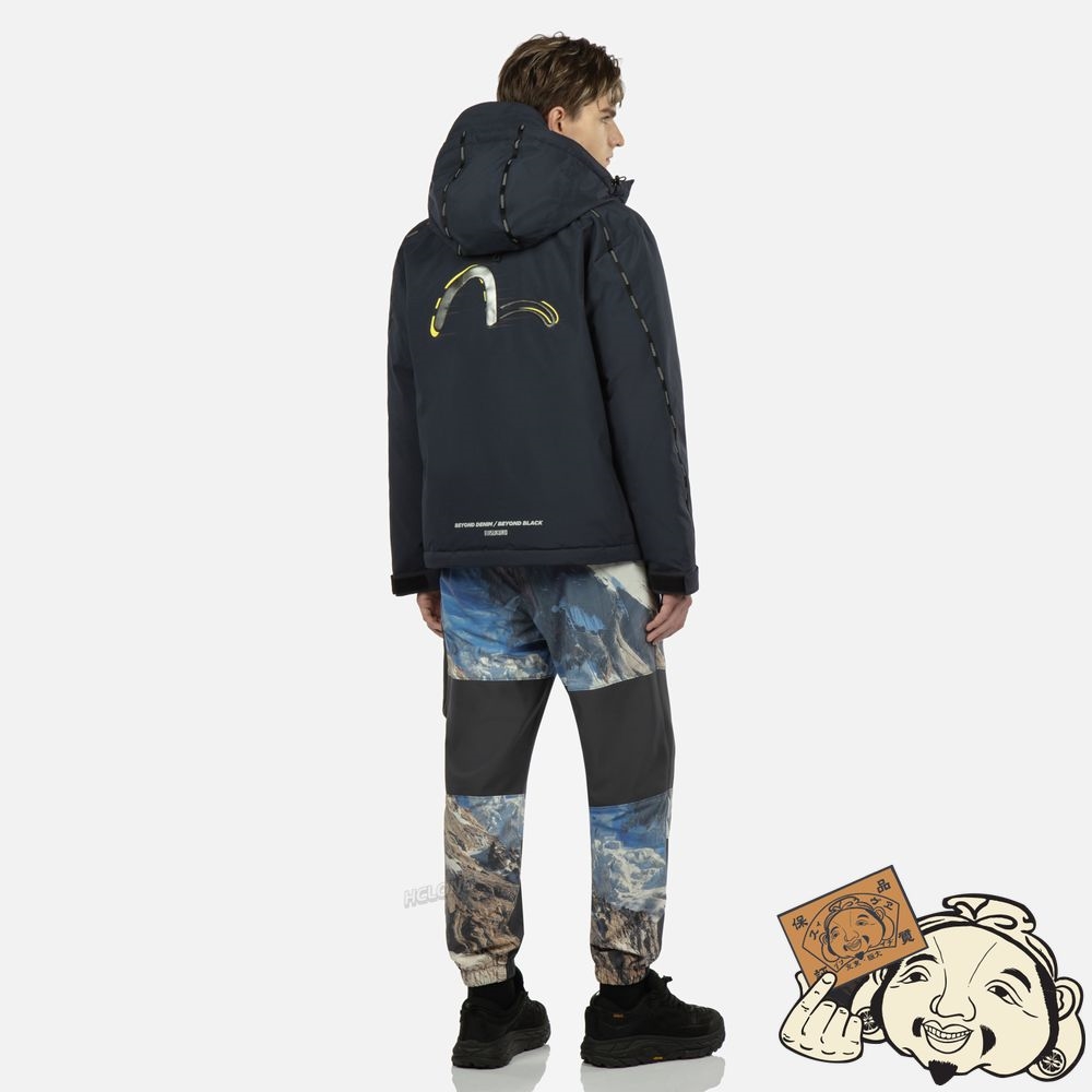 Men Evisu MOVING SEAGULL PVC PATCH HOODED DOWN JACKET Bleu Marine | 860ZCDFXL