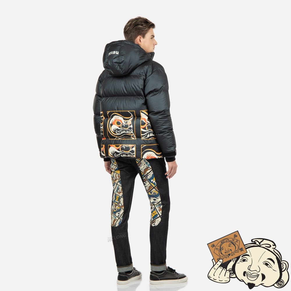 Men Evisu MULTI-DARUMA PRINT DOWN JACKET Noir | 467CJWVQK