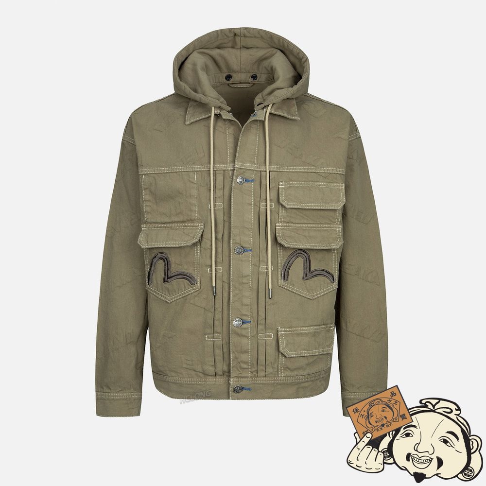 Men Evisu MULTI-LOGO EMBROIDERY DENIM JACKET Kaki | 430ZEAJVO