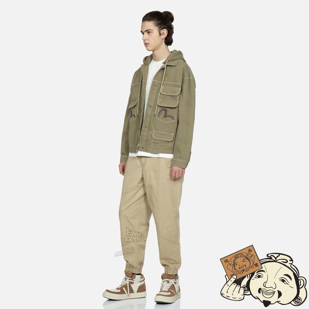 Men Evisu MULTI-LOGO EMBROIDERY DENIM JACKET Kaki | 430ZEAJVO