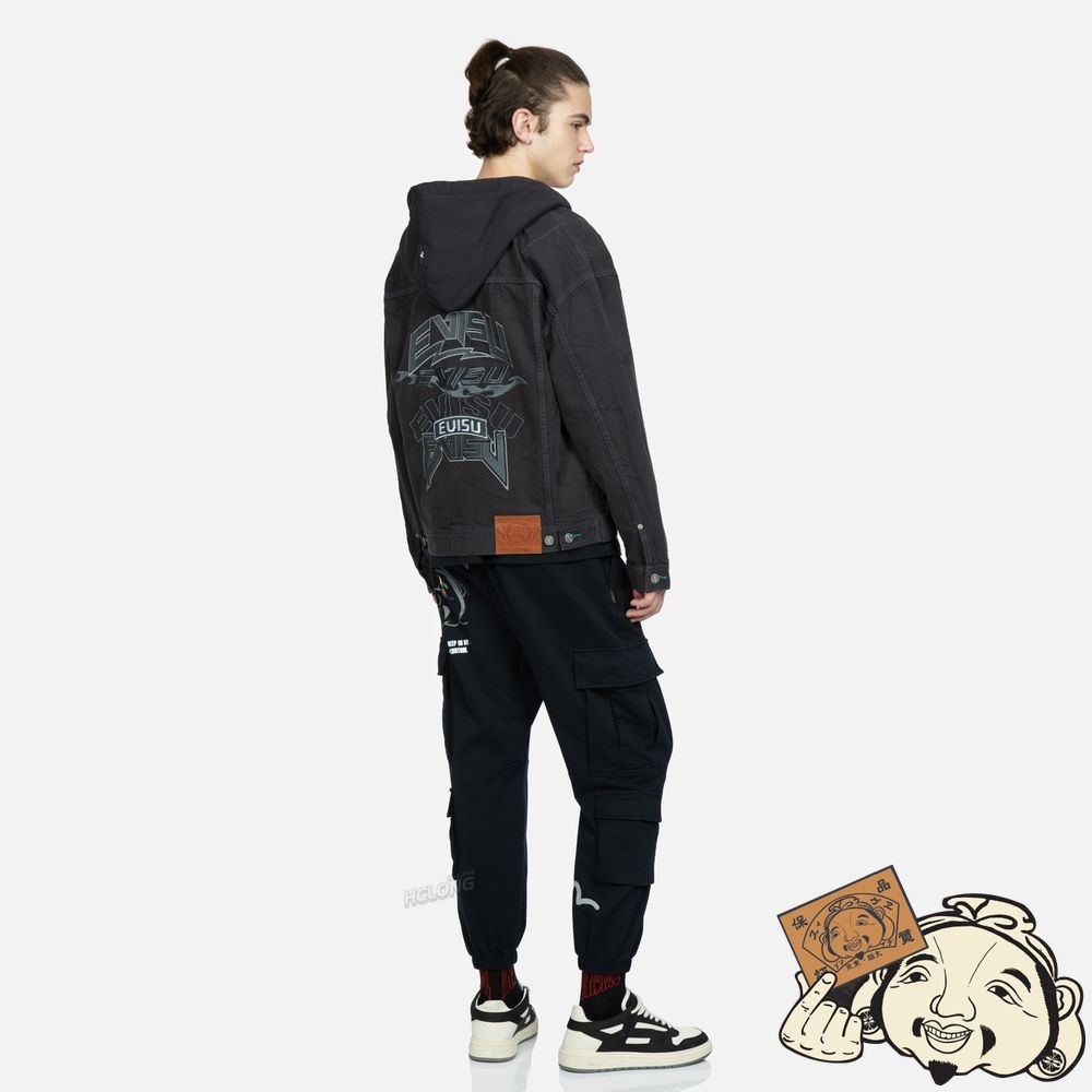 Men Evisu MULTI-LOGO EMBROIDERY DENIM JACKET CHARCOAL | 783MBWADN