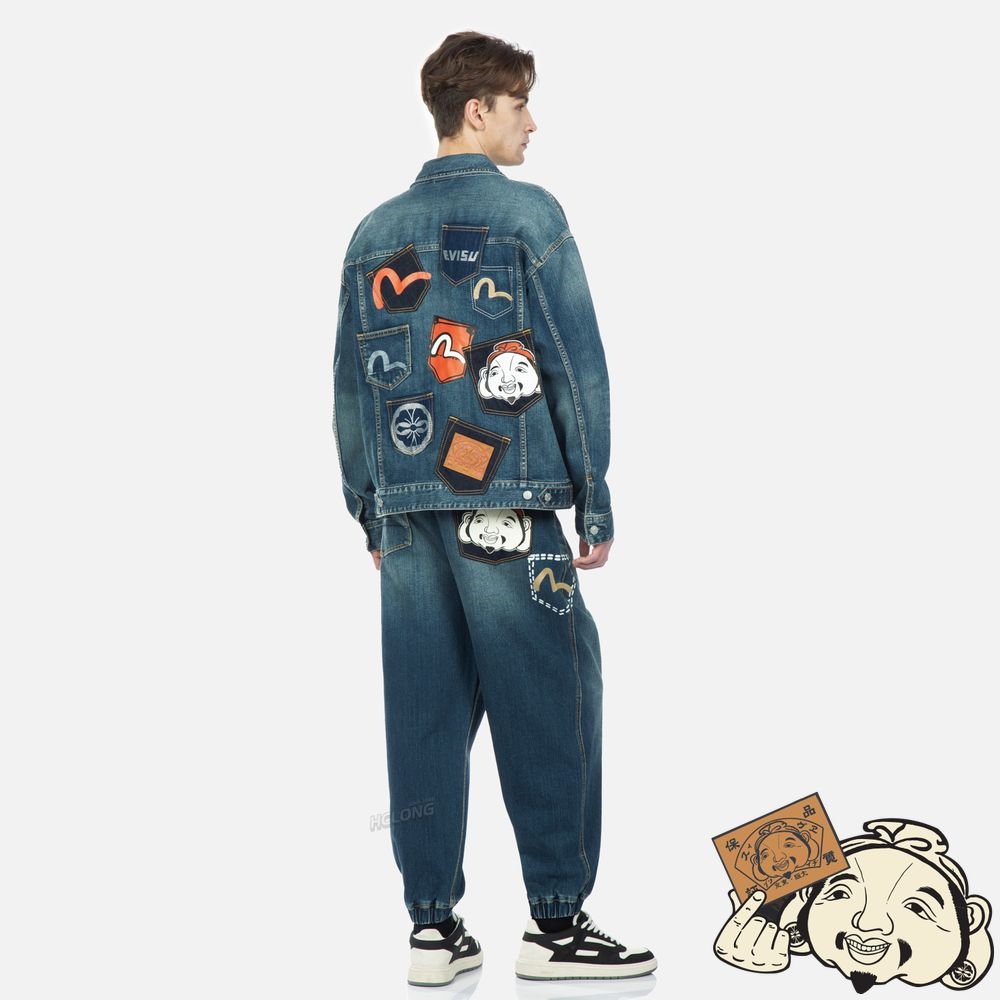 Men Evisu MULTI-POCKET WASHED DENIM JACKET Indigo | 908YXMSPC