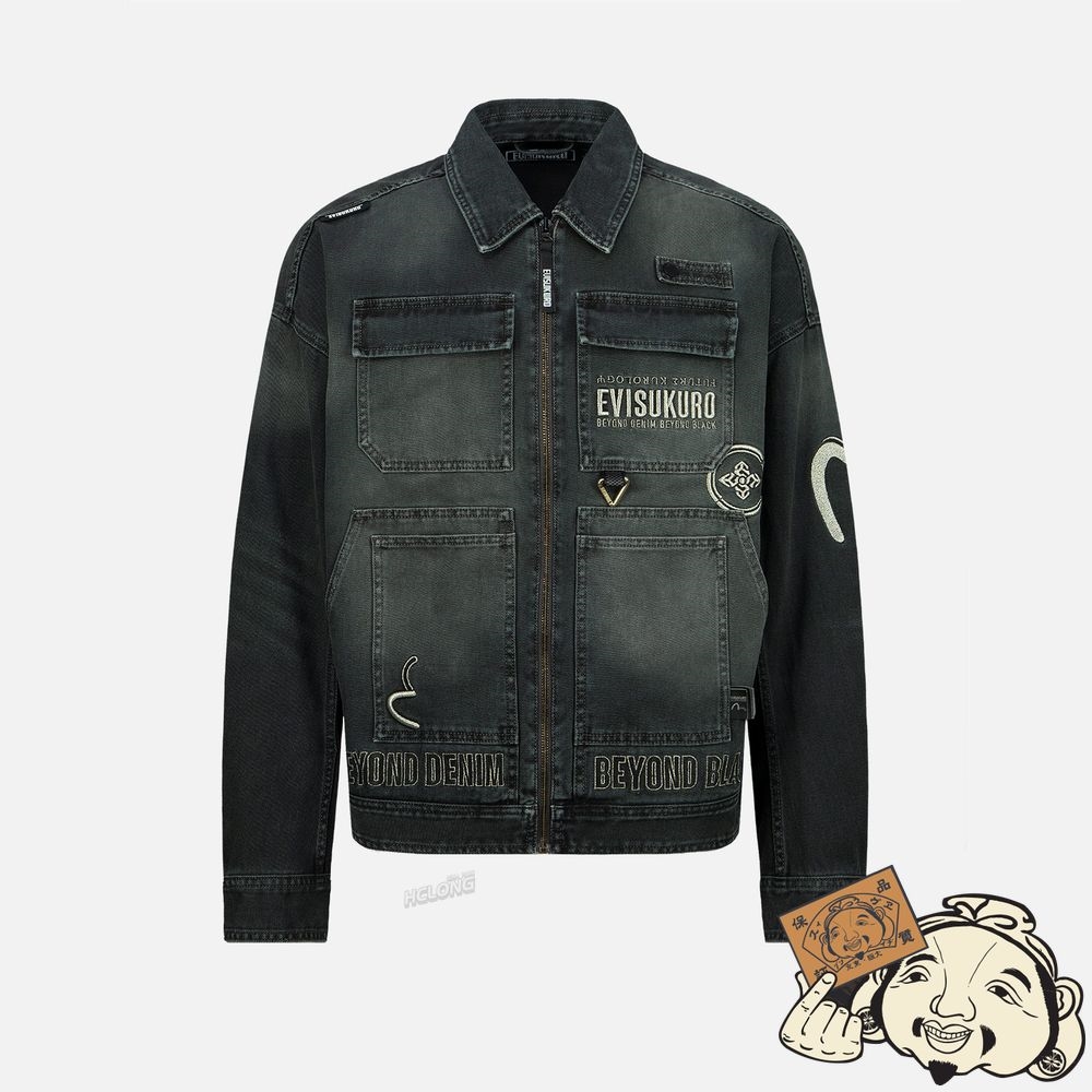 Men Evisu Multi-Pocket Zip-up Denim Jacket CHARCOAL | 750YPMDNK