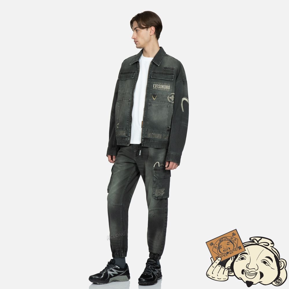 Men Evisu Multi-Pocket Zip-up Denim Jacket CHARCOAL | 750YPMDNK