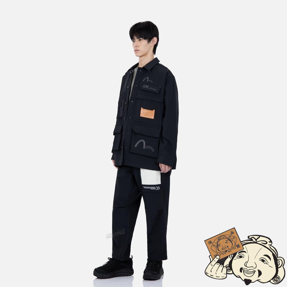 Men Evisu SEAGULL AND LOGO EMBROIDERED MULTI POCKET JACKET Noir | 208JEAYUP