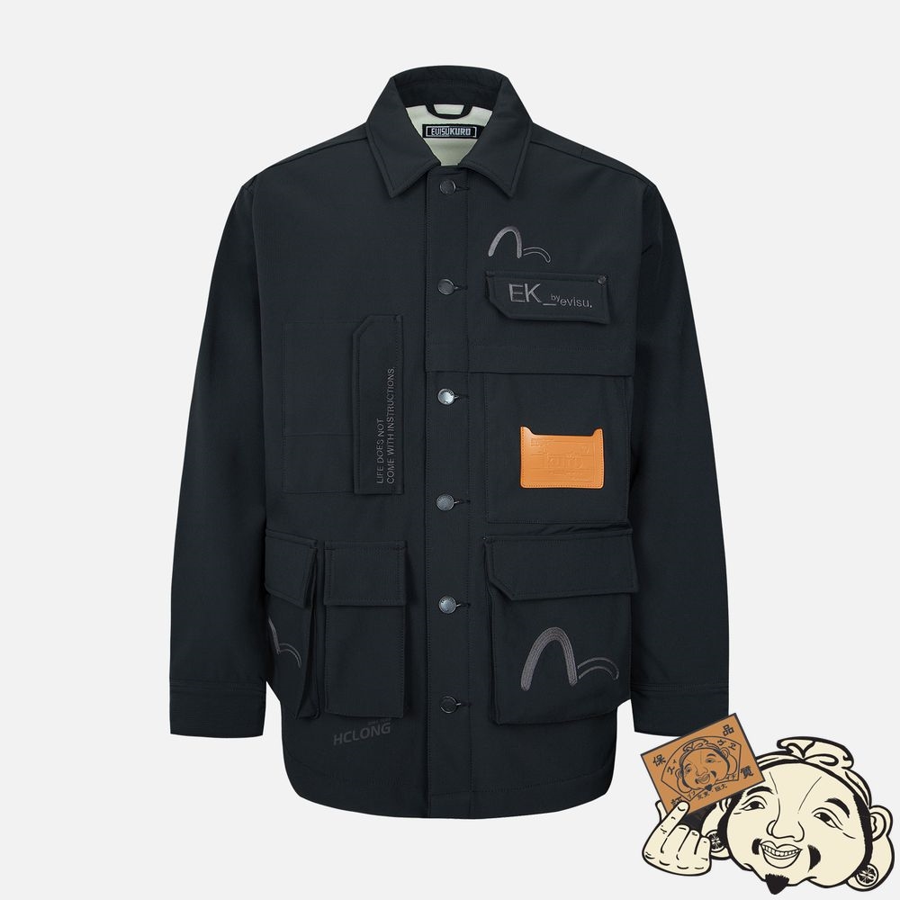 Men Evisu SEAGULL AND LOGO EMBROIDERED MULTI POCKET JACKET Noir | 208JEAYUP