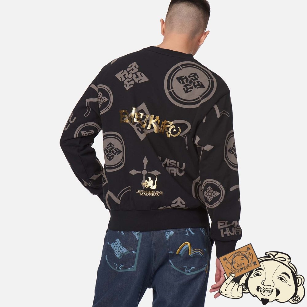 Men Evisu SEAGULL AND LOGO FOIL PRINT MONOGRAM SWEATSHIRT Noir | 409KWCFVR