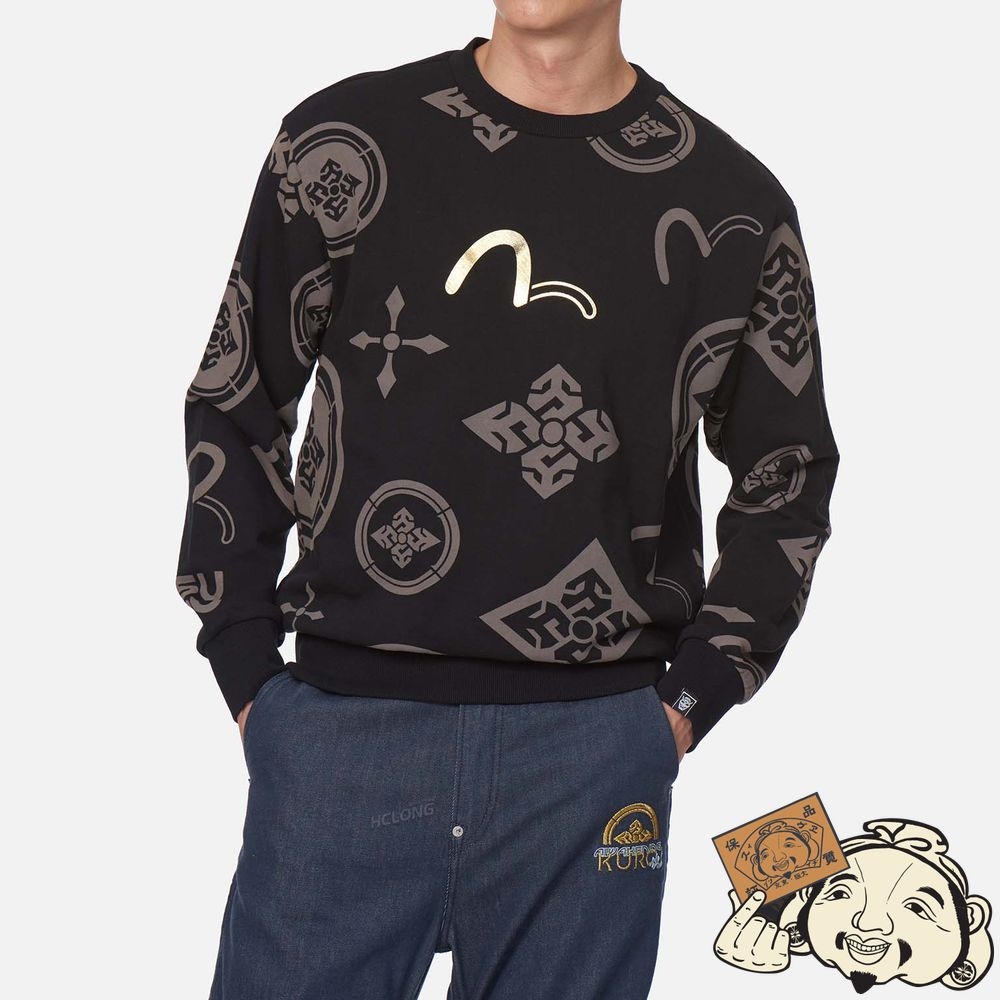 Men Evisu SEAGULL AND LOGO FOIL PRINT MONOGRAM SWEATSHIRT Noir | 409KWCFVR