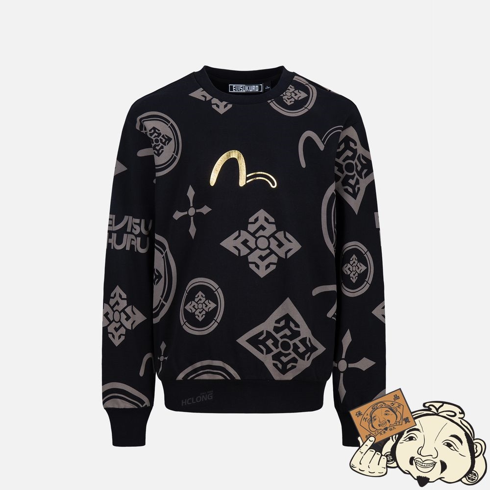Men Evisu SEAGULL AND LOGO FOIL PRINT MONOGRAM SWEATSHIRT Noir | 409KWCFVR