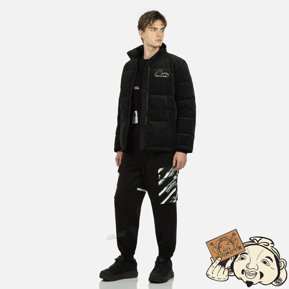 Men Evisu SEAGULL AND SLOGAN EMBROIDERED VELVET DOWN JACKET Noir | 364OMJGXL