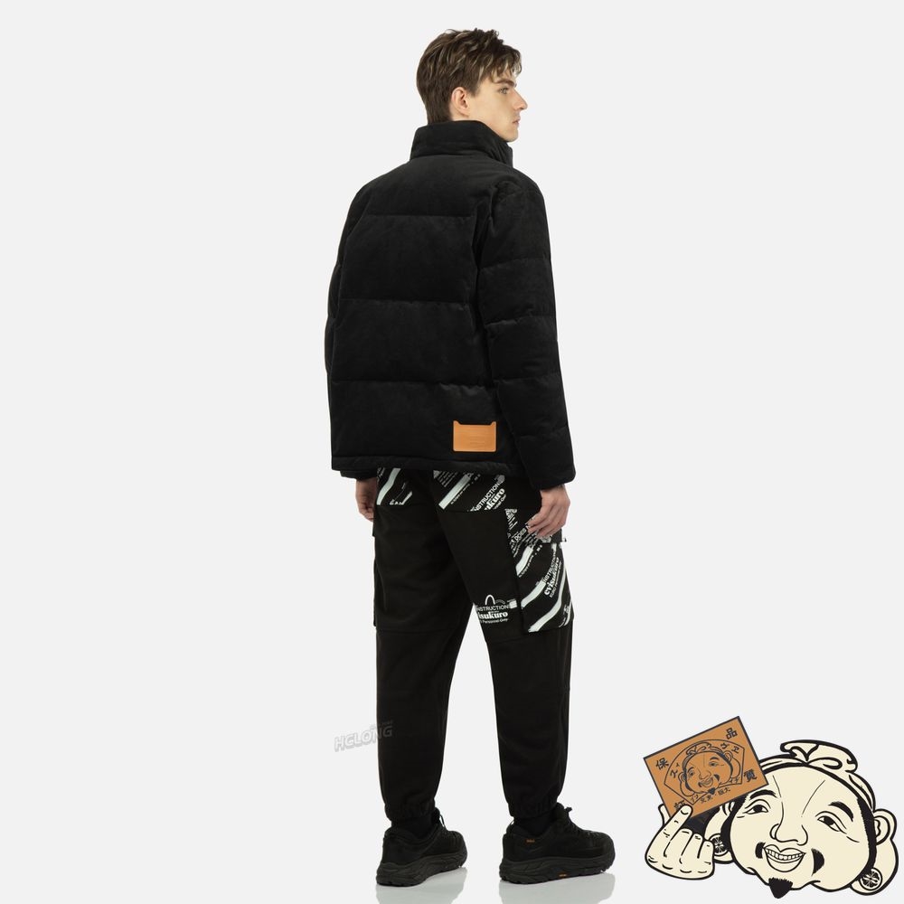 Men Evisu SEAGULL AND SLOGAN EMBROIDERED VELVET DOWN JACKET Noir | 364OMJGXL