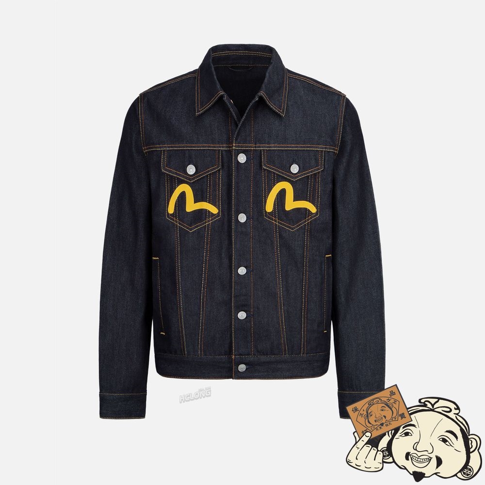 Men Evisu SEAGULL AND SLOGAN PRINT DENIM JACKET Indigo | 142LWKAMO