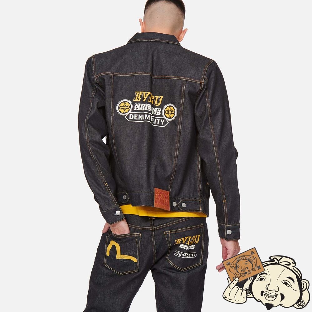 Men Evisu SEAGULL AND SLOGAN PRINT DENIM JACKET Indigo | 142LWKAMO
