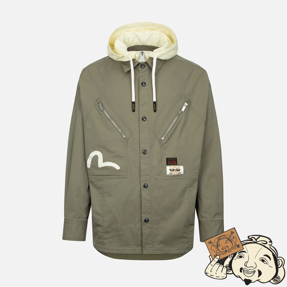Men Evisu SEAGULL AND SLOGAN PRINT HOODED MOCK 2-IN-1 JACKET Vert | 316BKLYJN