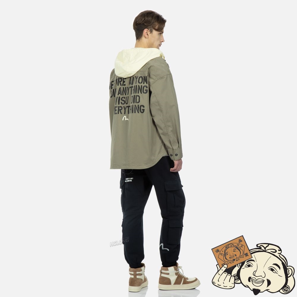 Men Evisu SEAGULL AND SLOGAN PRINT HOODED MOCK 2-IN-1 JACKET Vert | 316BKLYJN