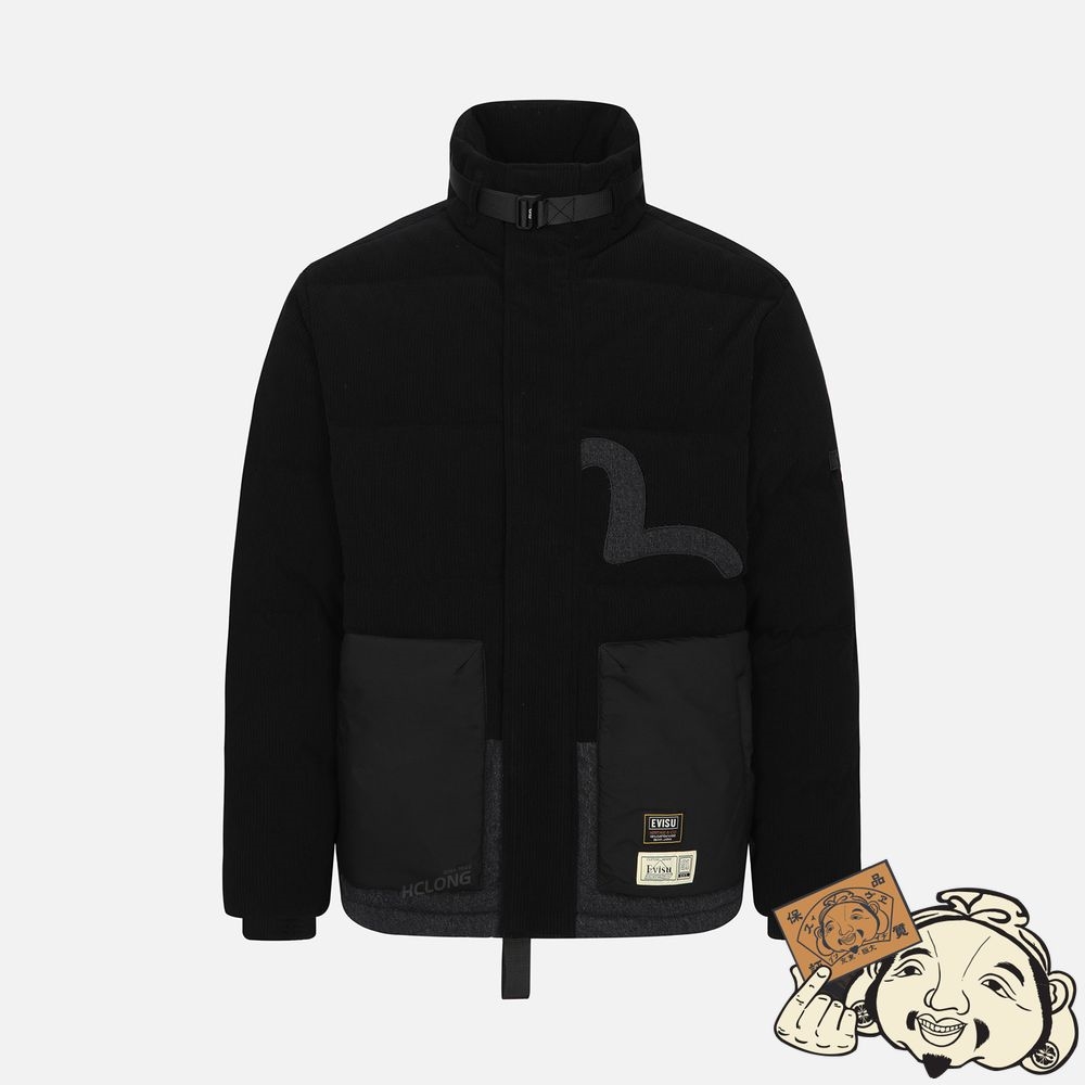Men Evisu SEAGULL APPLIQUÉ PATCHWORK DOWN JACKET Noir | 235OTNZRV