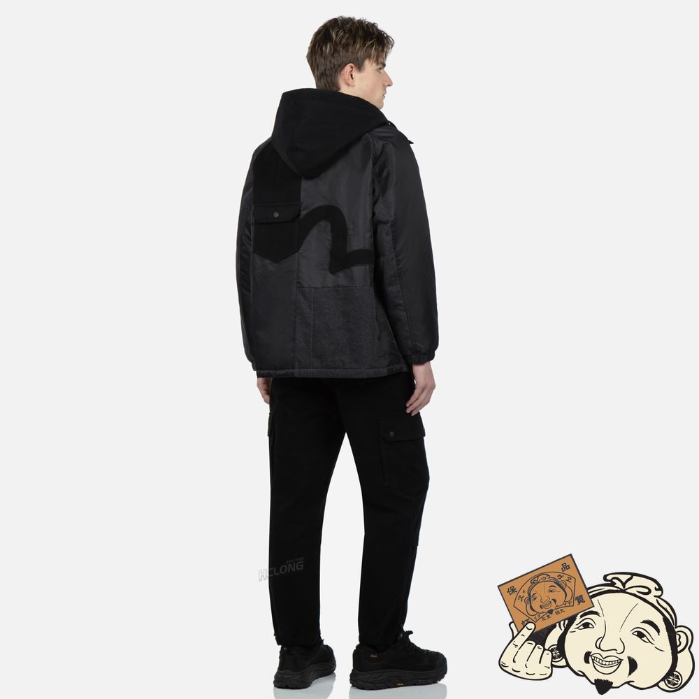Men Evisu SEAGULL APPLIQUÉ PATCHWORK PADDED JACKET Noir | 546IMHDSP