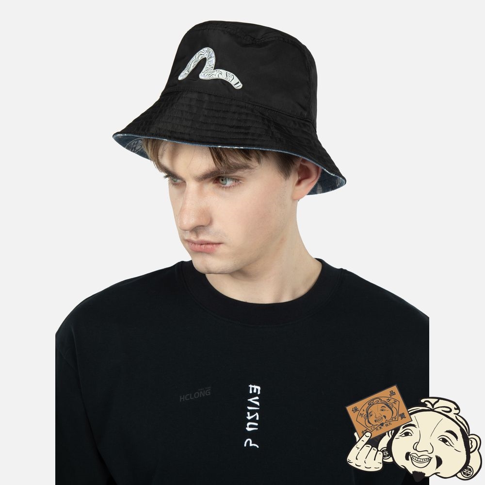 Men Evisu SEAGULL EMBROIDERY REVERSIBLE BUCKET HAT Noir | 548DPKLJR