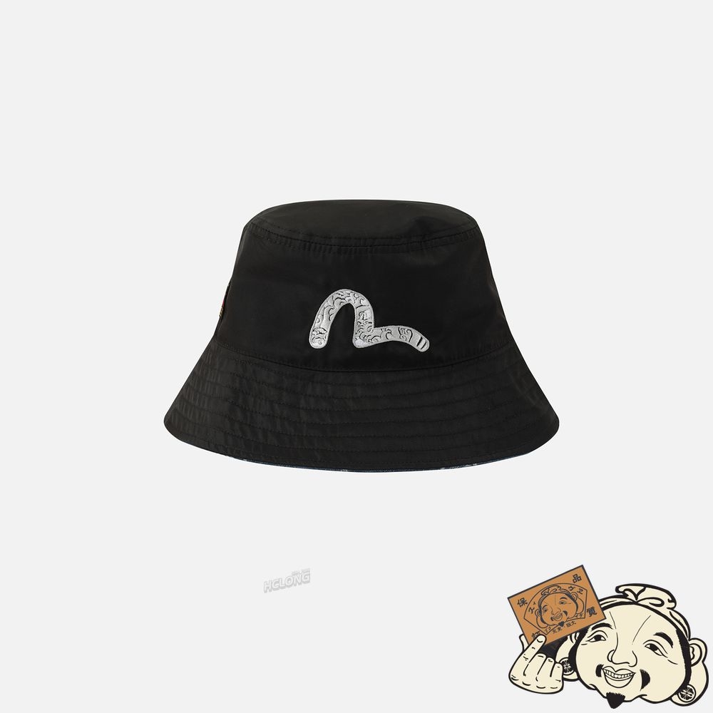 Men Evisu SEAGULL EMBROIDERY REVERSIBLE BUCKET HAT Noir | 548DPKLJR